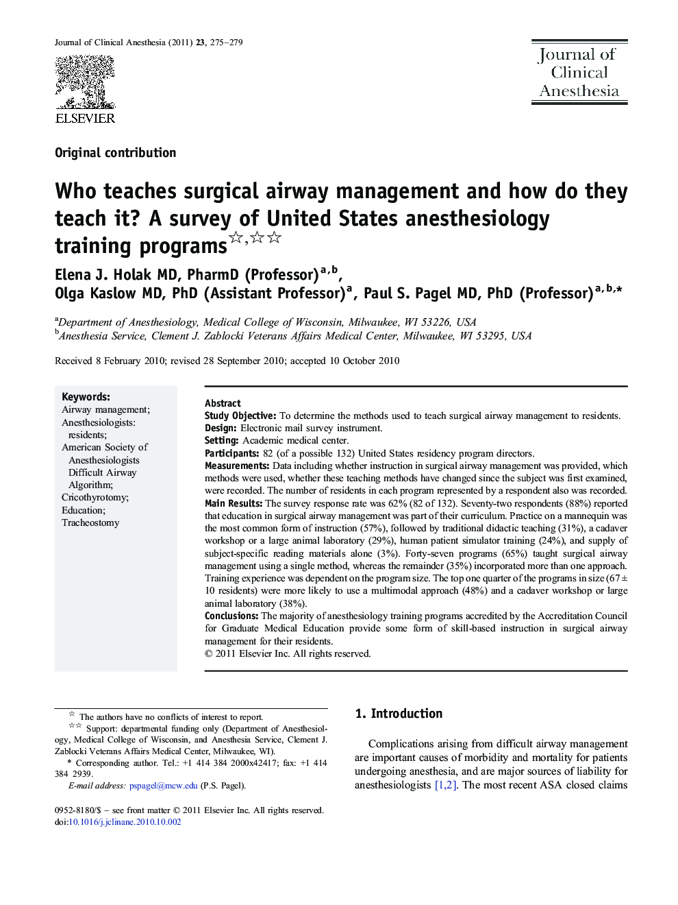 Who teaches surgical airway management and how do they teach it? A survey of United States anesthesiology training programs 