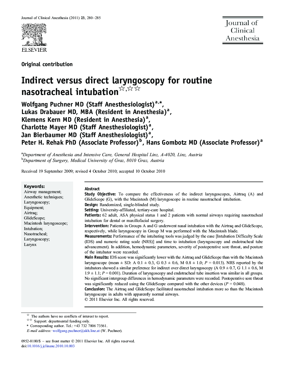 Indirect versus direct laryngoscopy for routine nasotracheal intubation 