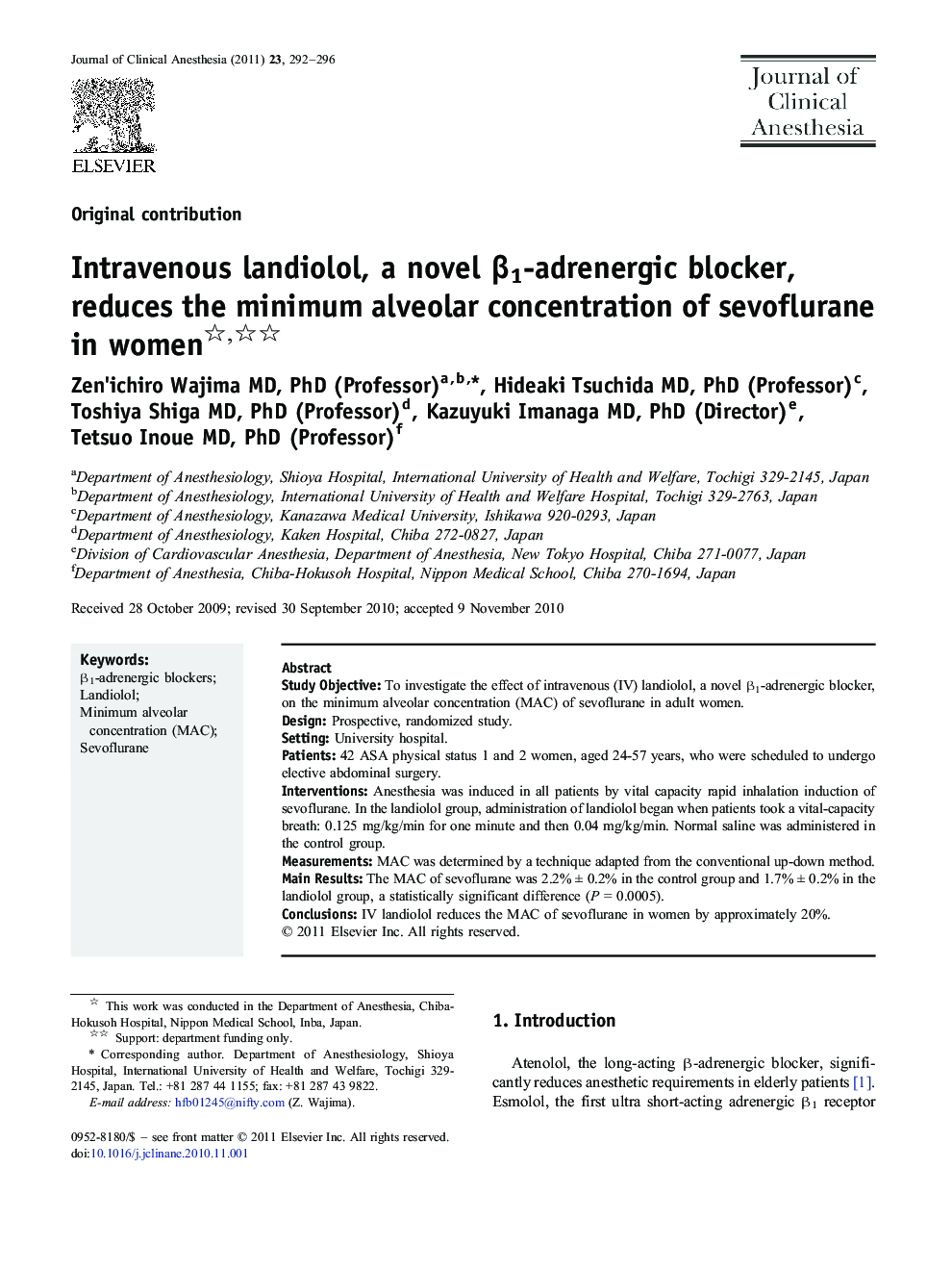 Intravenous landiolol, a novel β1-adrenergic blocker, reduces the minimum alveolar concentration of sevoflurane in women 