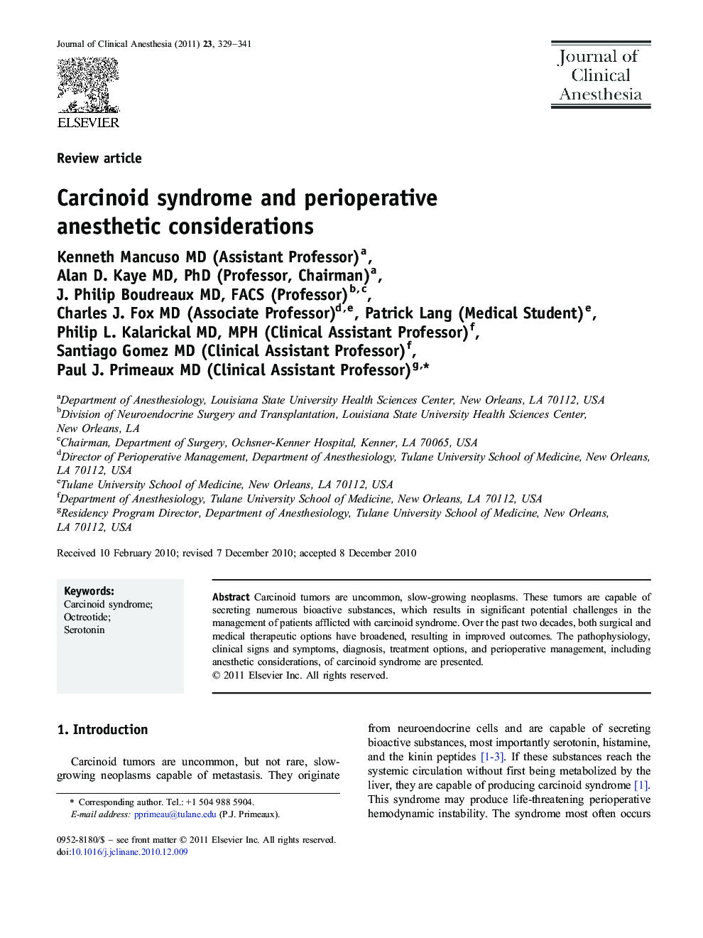 Carcinoid syndrome and perioperative anesthetic considerations