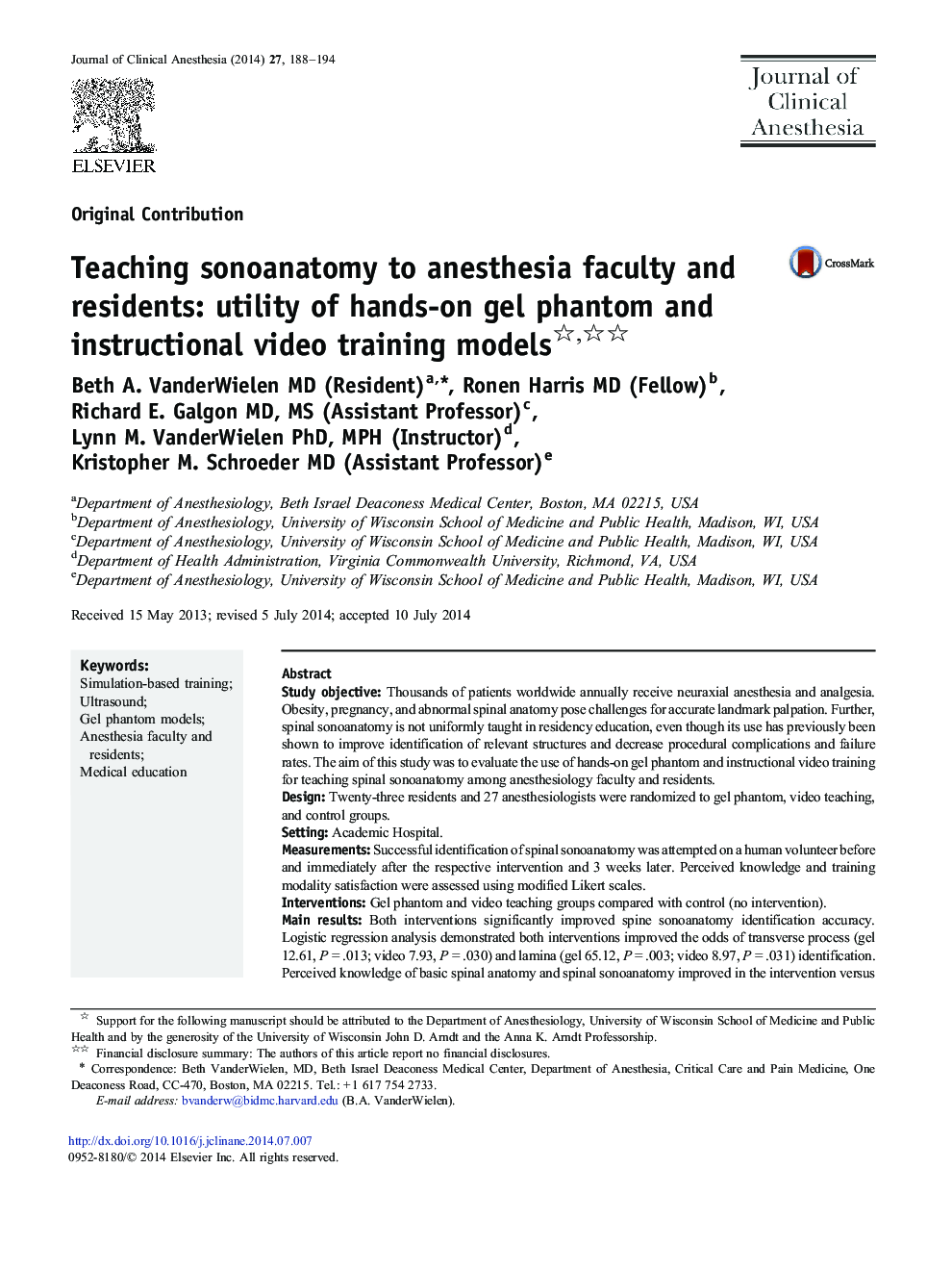 Teaching sonoanatomy to anesthesia faculty and residents: utility of hands-on gel phantom and instructional video training models 