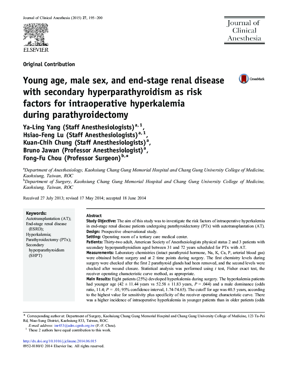سن جوان، جنس مذکر و بیماری کلیه در مرحله آخر با هیپرپاراتیروئیدیسم ثانویه به عنوان عوامل خطر برای هیپرکالمی در طی عمل جراحی پاراتیروئیدکتومی 
