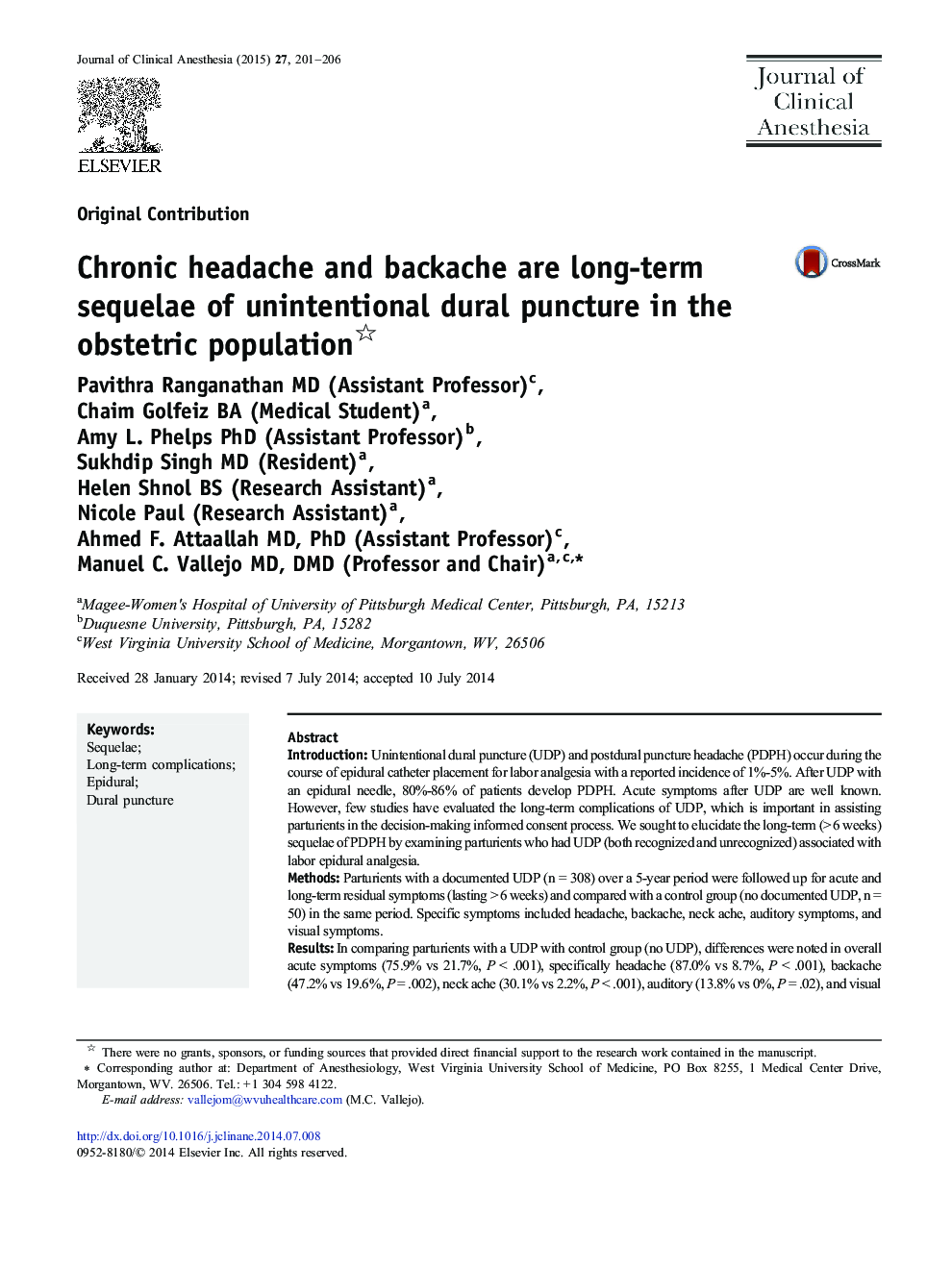 Chronic headache and backache are long-term sequelae of unintentional dural puncture in the obstetric population 