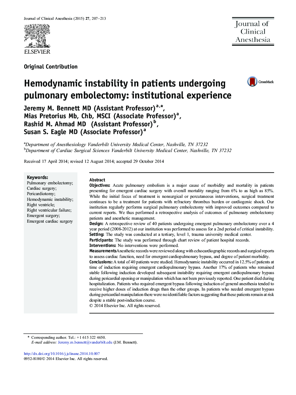 Hemodynamic instability in patients undergoing pulmonary embolectomy: institutional experience