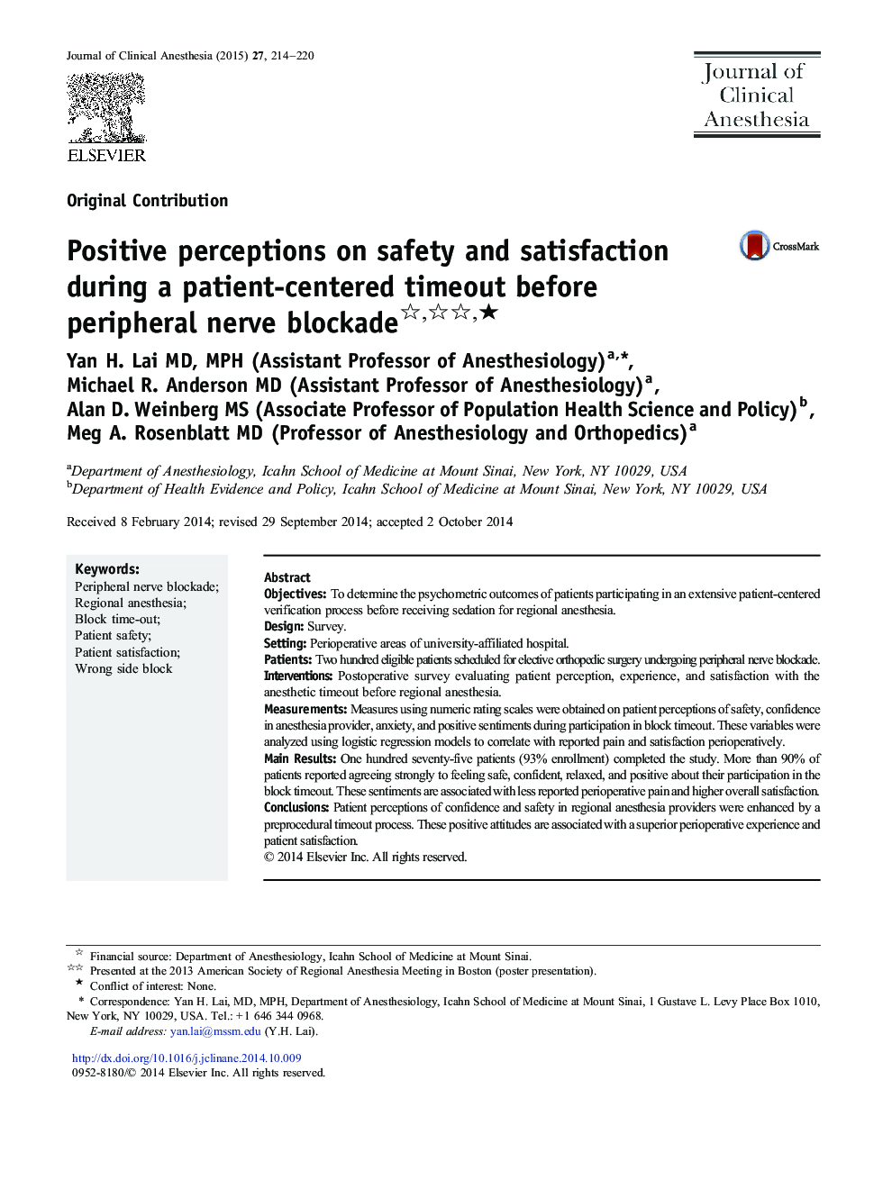 Positive perceptions on safety and satisfaction during a patient-centered timeout before peripheral nerve blockade ★
