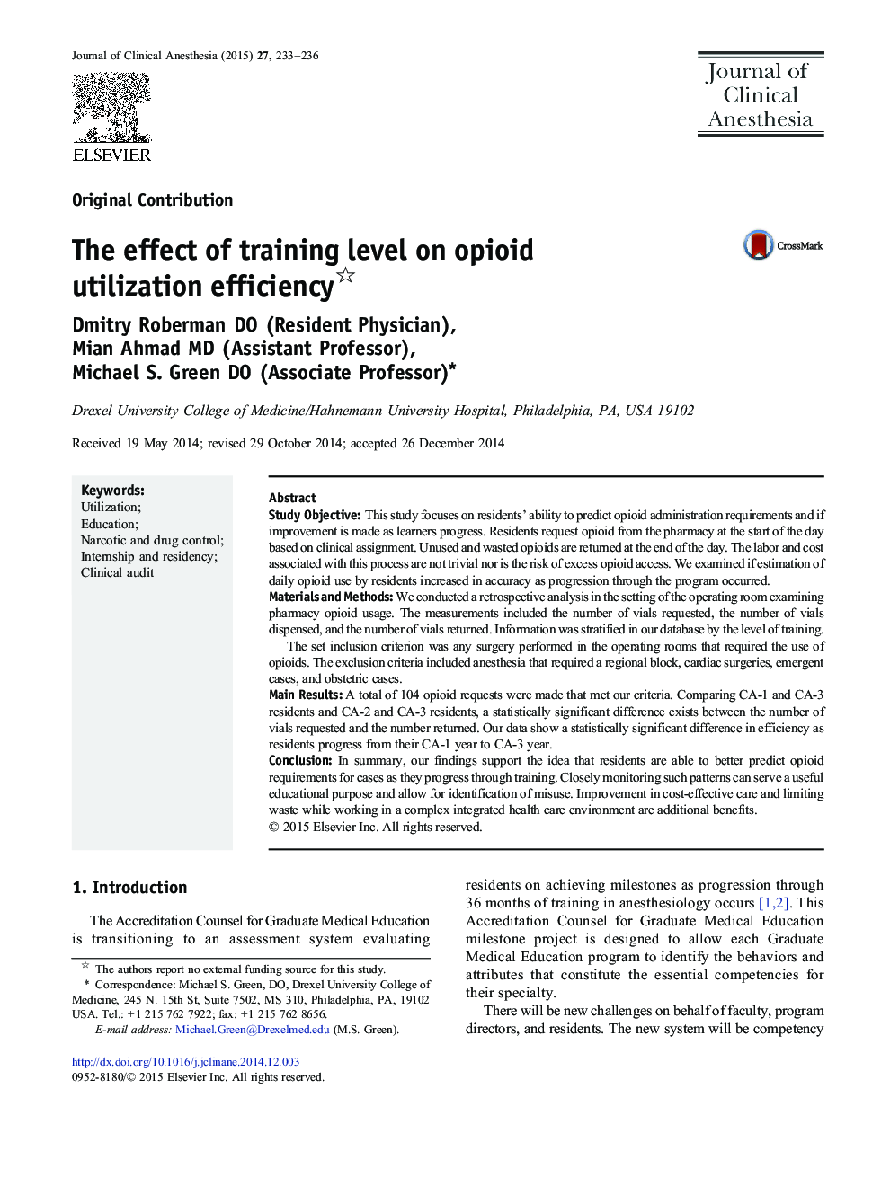 The effect of training level on opioid utilization efficiency 