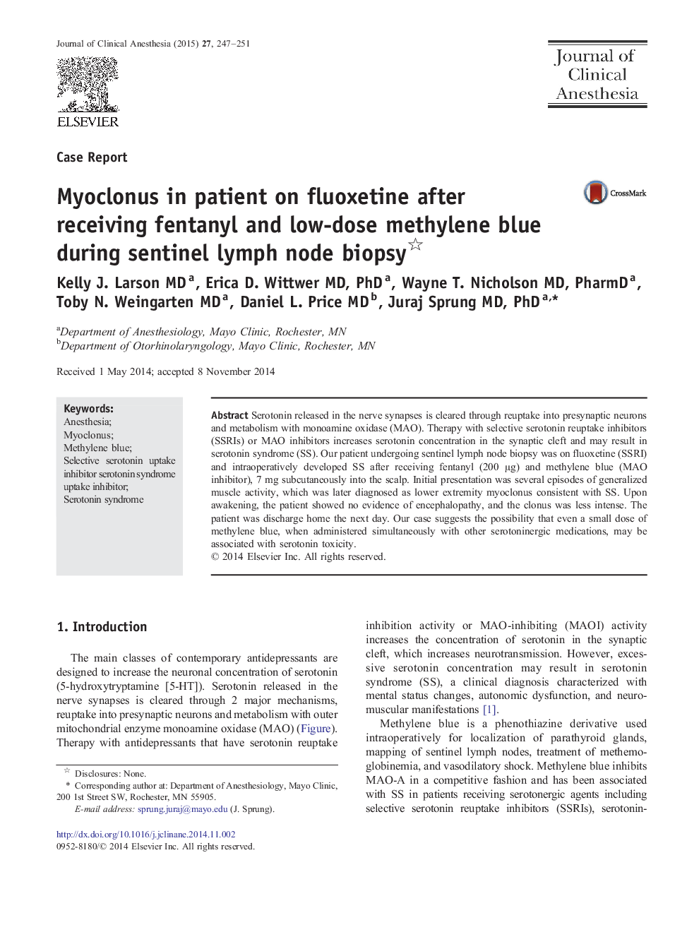 Myoclonus in patient on fluoxetine after receiving fentanyl and low-dose methylene blue during sentinel lymph node biopsy 