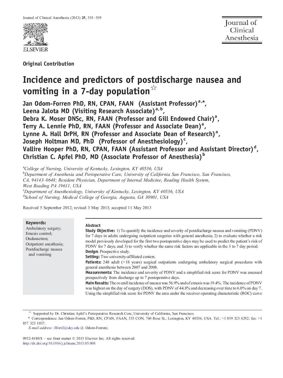 Incidence and predictors of postdischarge nausea and vomiting in a 7-day population 