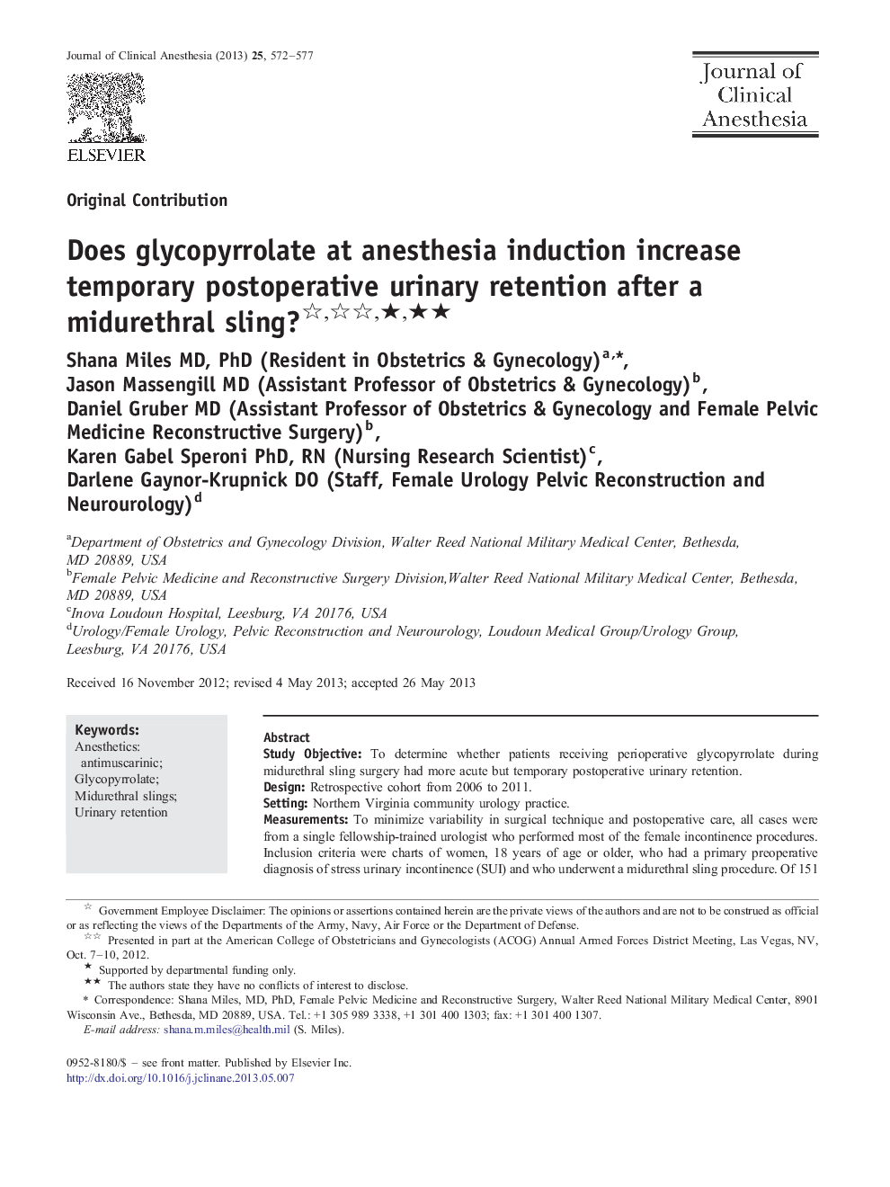 Does glycopyrrolate at anesthesia induction increase temporary postoperative urinary retention after a midurethral sling?