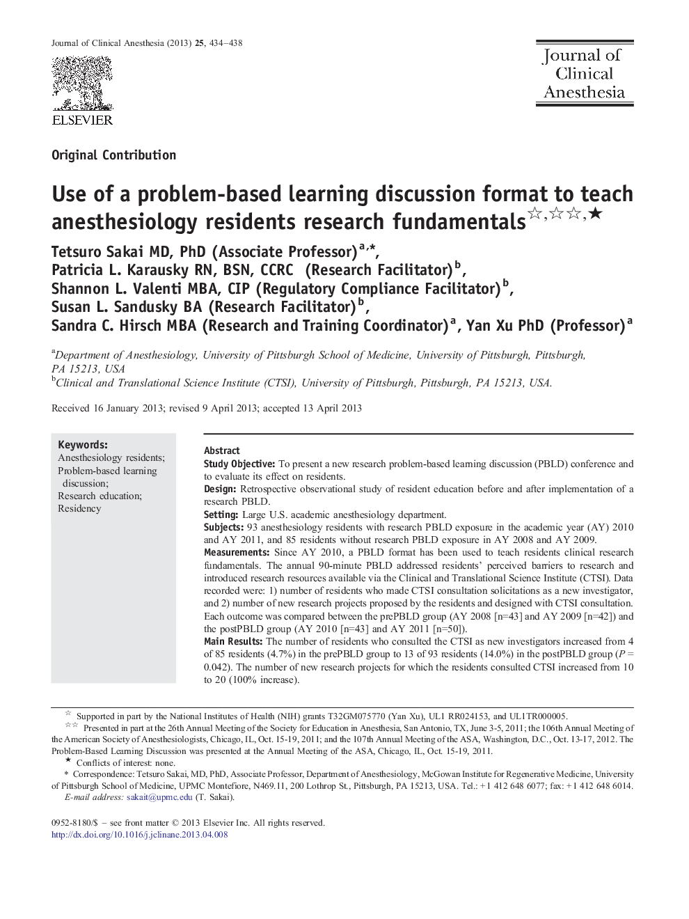 Use of a problem-based learning discussion format to teach anesthesiology residents research fundamentals ★