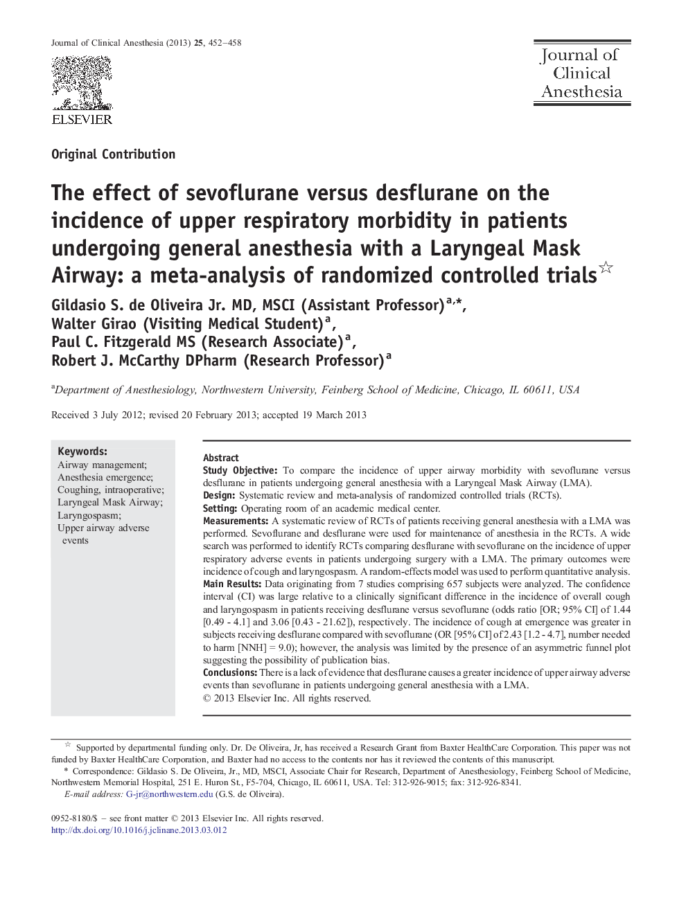 The effect of sevoflurane versus desflurane on the incidence of upper respiratory morbidity in patients undergoing general anesthesia with a Laryngeal Mask Airway: a meta-analysis of randomized controlled trials 