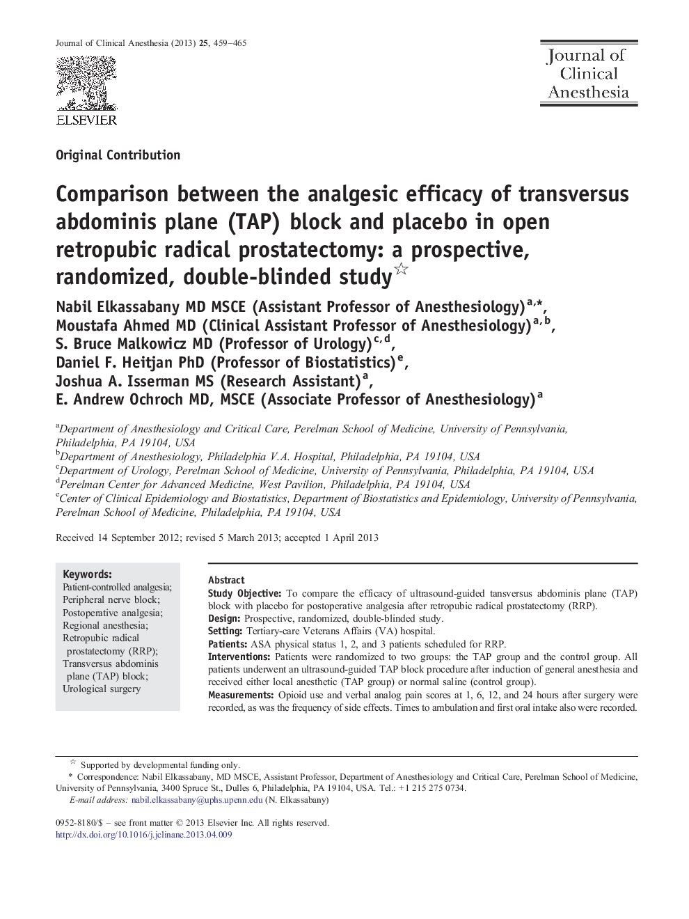 Comparison between the analgesic efficacy of transversus abdominis plane (TAP) block and placebo in open retropubic radical prostatectomy: a prospective, randomized, double-blinded study 