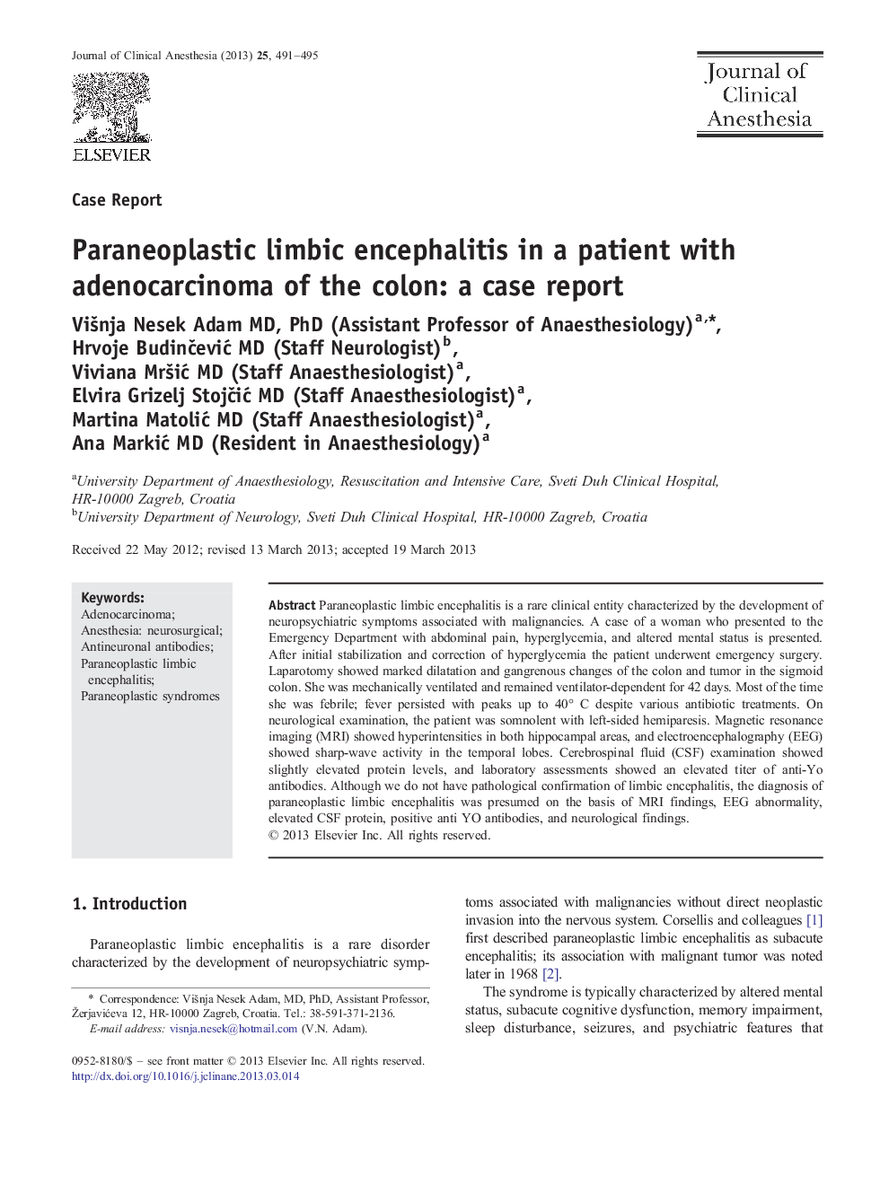 Paraneoplastic limbic encephalitis in a patient with adenocarcinoma of the colon: a case report