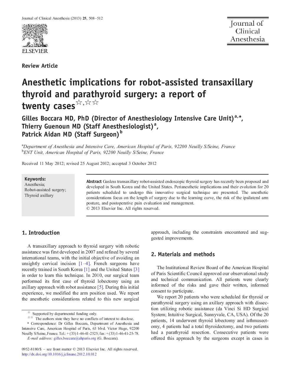 Anesthetic implications for robot-assisted transaxillary thyroid and parathyroid surgery: a report of twenty cases 