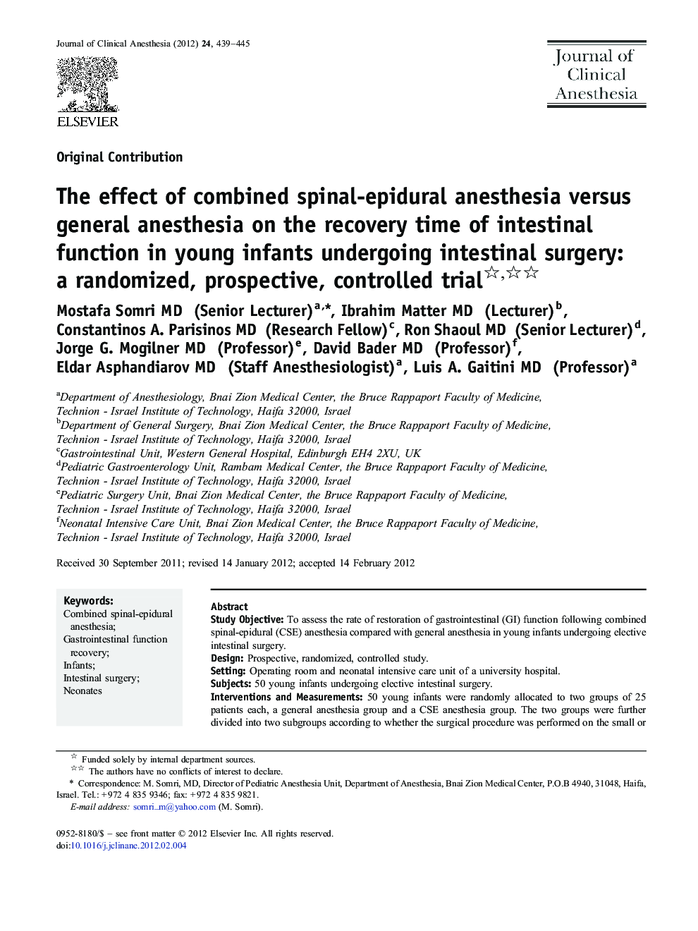 The effect of combined spinal-epidural anesthesia versus general anesthesia on the recovery time of intestinal function in young infants undergoing intestinal surgery: a randomized, prospective, controlled trial 