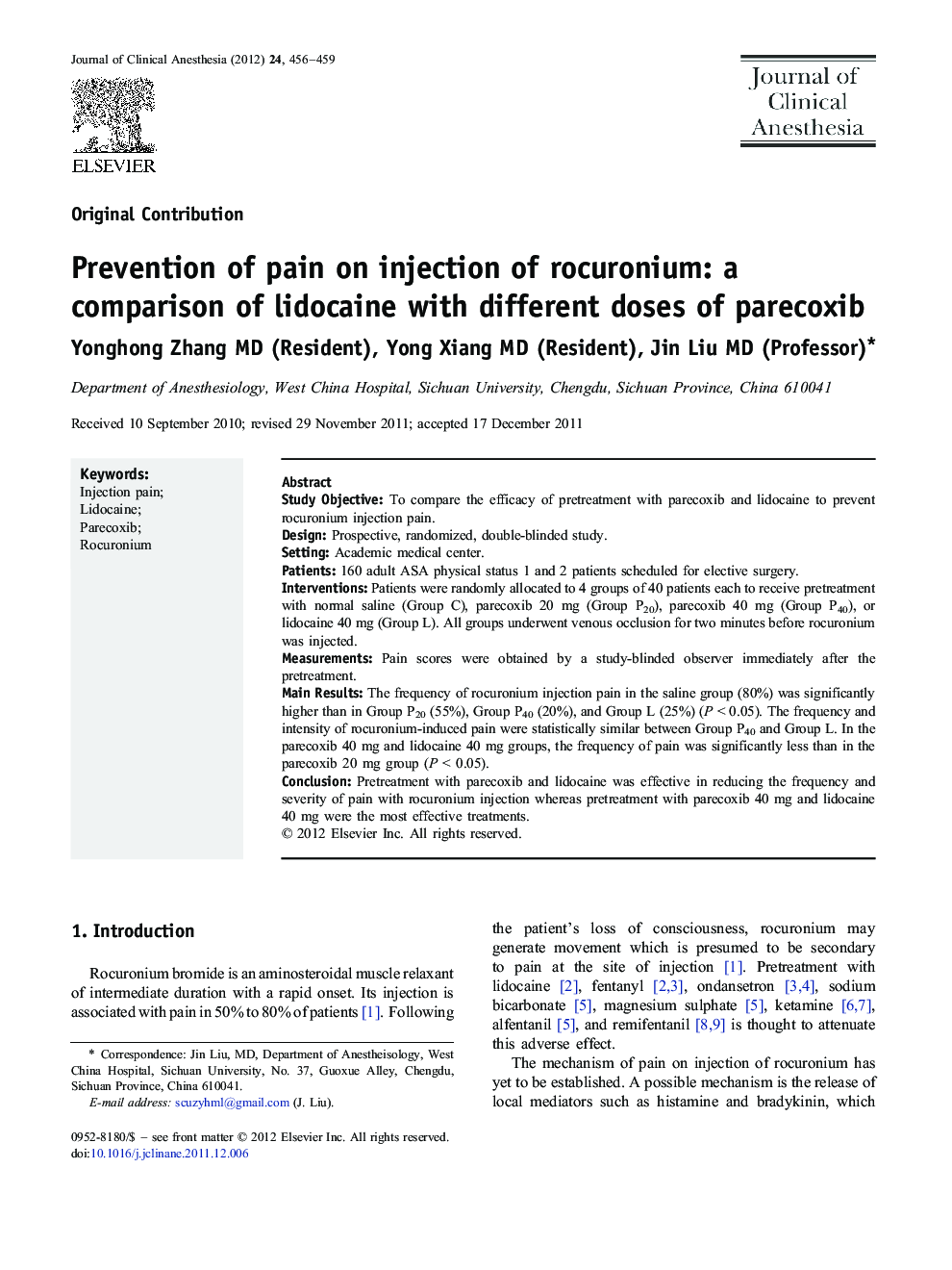 Prevention of pain on injection of rocuronium: a comparison of lidocaine with different doses of parecoxib