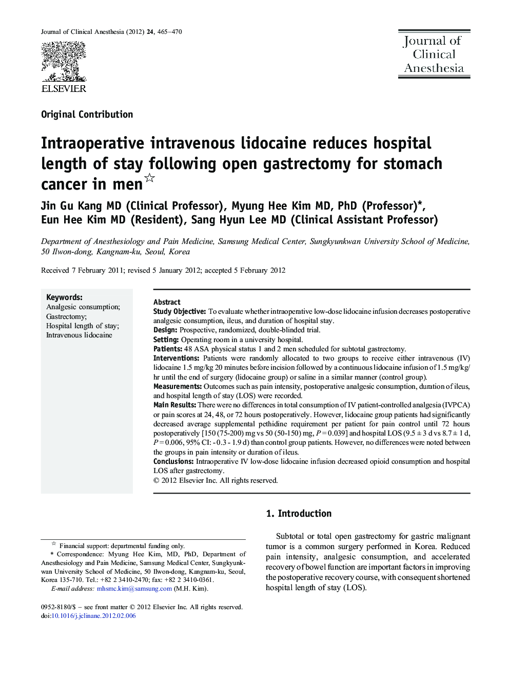 Intraoperative intravenous lidocaine reduces hospital length of stay following open gastrectomy for stomach cancer in men 