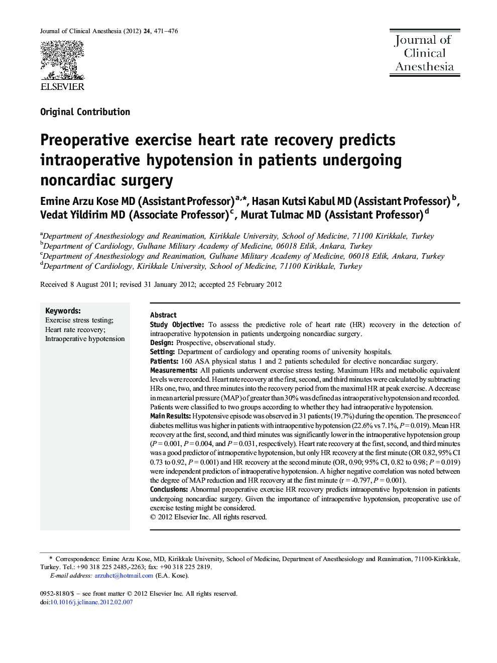Preoperative exercise heart rate recovery predicts intraoperative hypotension in patients undergoing noncardiac surgery