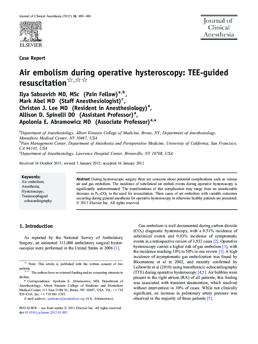 Air embolism during operative hysteroscopy: TEE-guided resuscitation 