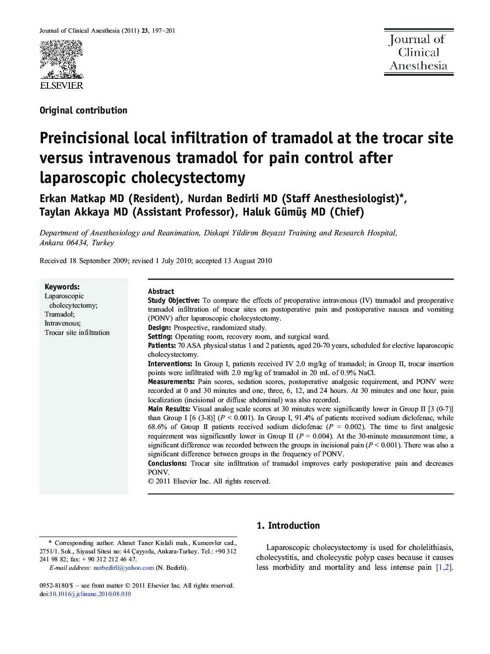 Preincisional local infiltration of tramadol at the trocar site versus intravenous tramadol for pain control after laparoscopic cholecystectomy