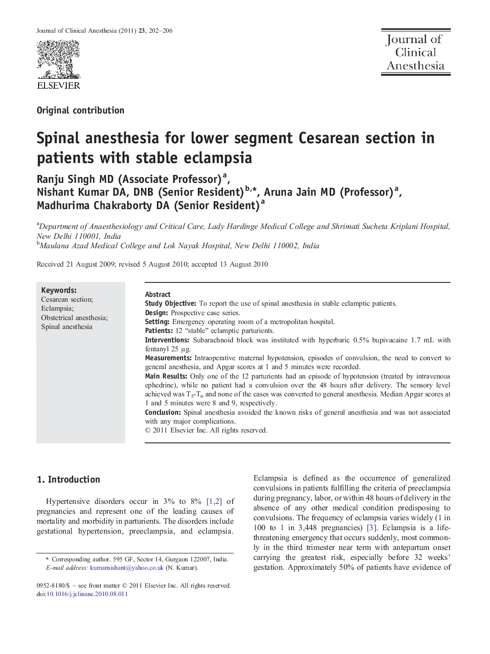 Spinal anesthesia for lower segment Cesarean section in patients with stable eclampsia