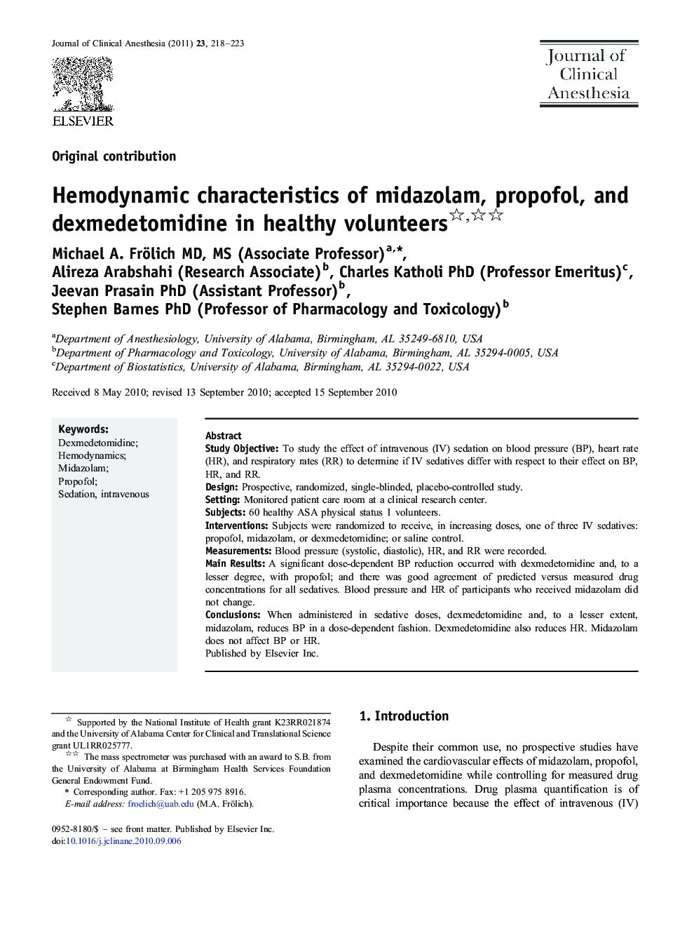 Hemodynamic characteristics of midazolam, propofol, and dexmedetomidine in healthy volunteers 