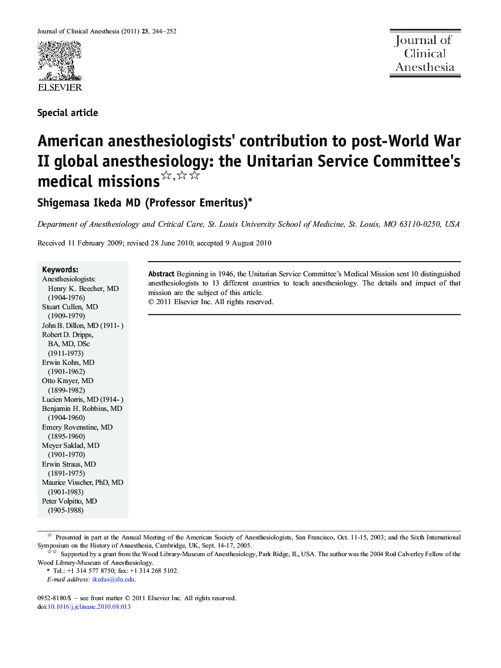 American anesthesiologists' contribution to post-World War II global anesthesiology: the Unitarian Service Committee's medical missions