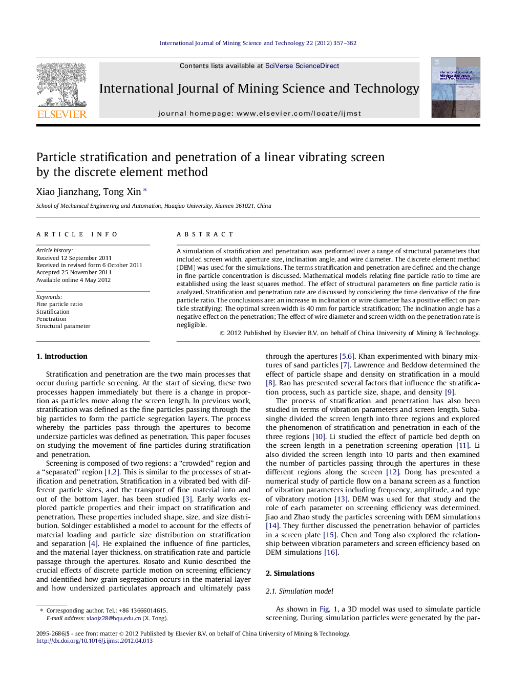 Particle stratification and penetration of a linear vibrating screen by the discrete element method