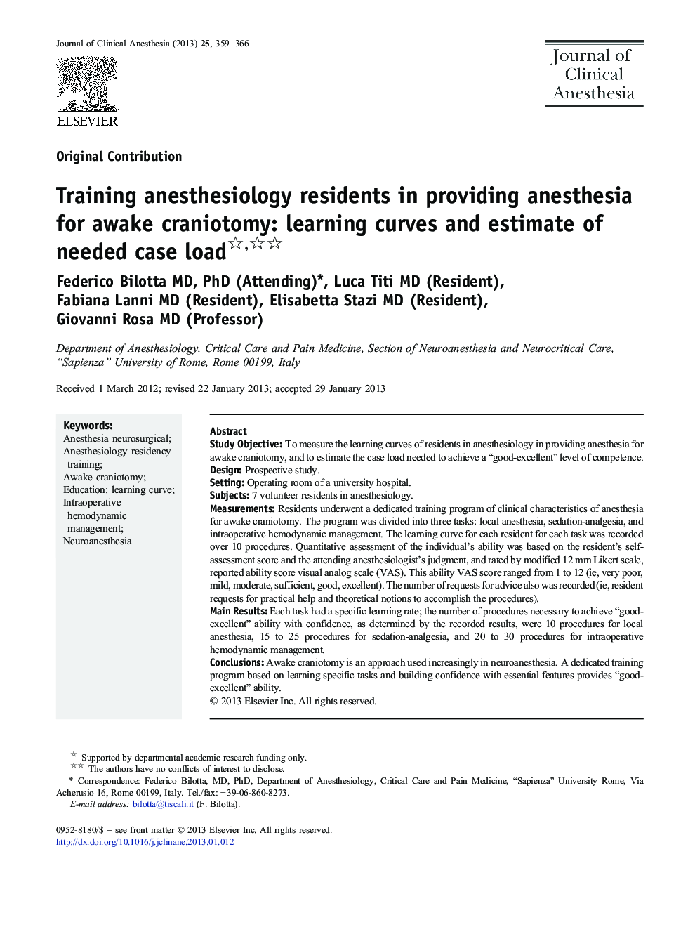 Training anesthesiology residents in providing anesthesia for awake craniotomy: learning curves and estimate of needed case load 