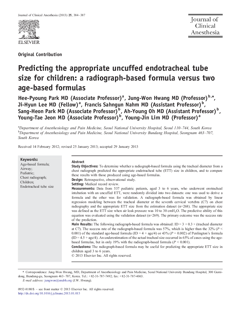 Predicting the appropriate uncuffed endotracheal tube size for children: a radiograph-based formula versus two age-based formulas