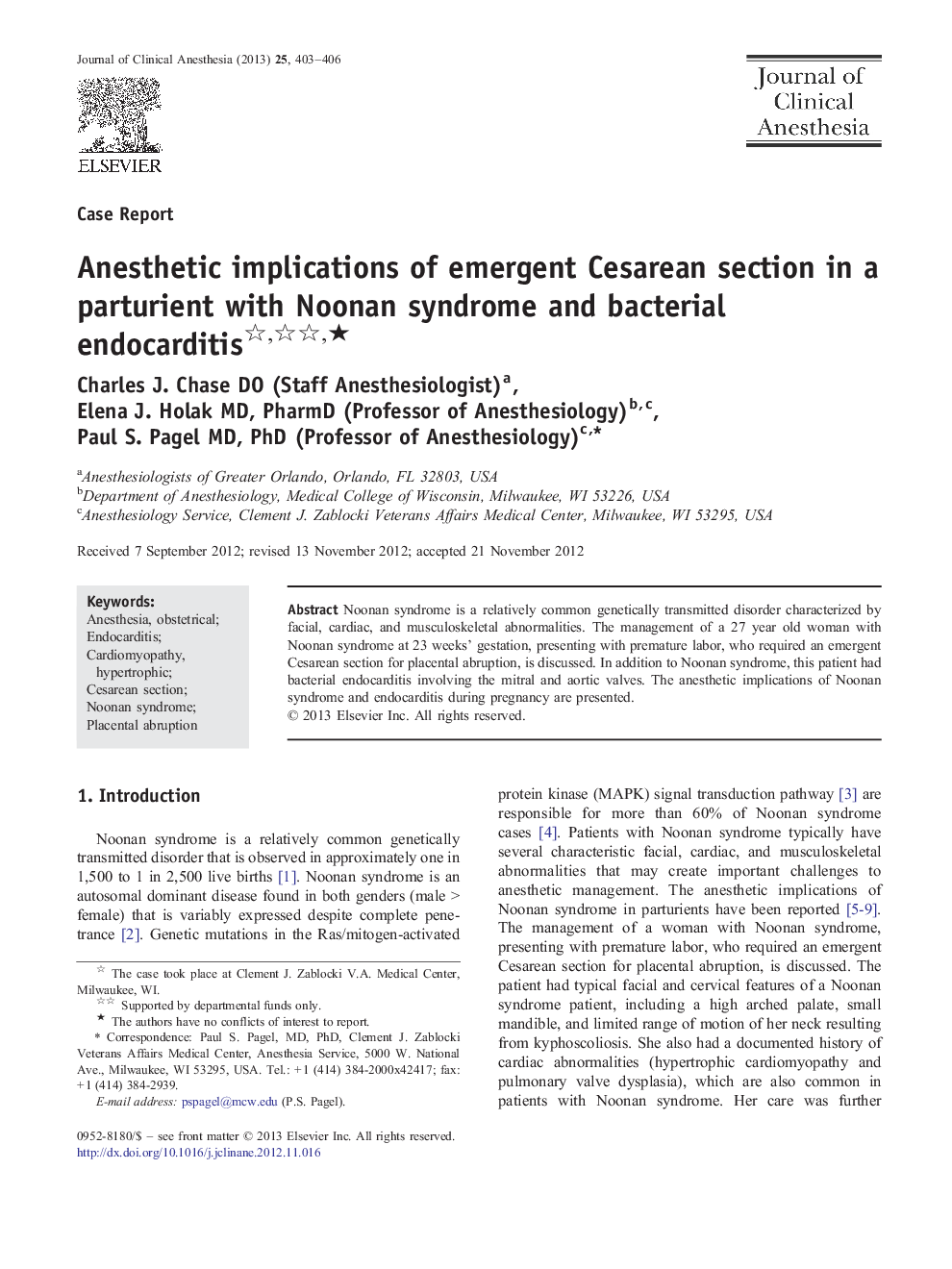 Anesthetic implications of emergent Cesarean section in a parturient with Noonan syndrome and bacterial endocarditis ★