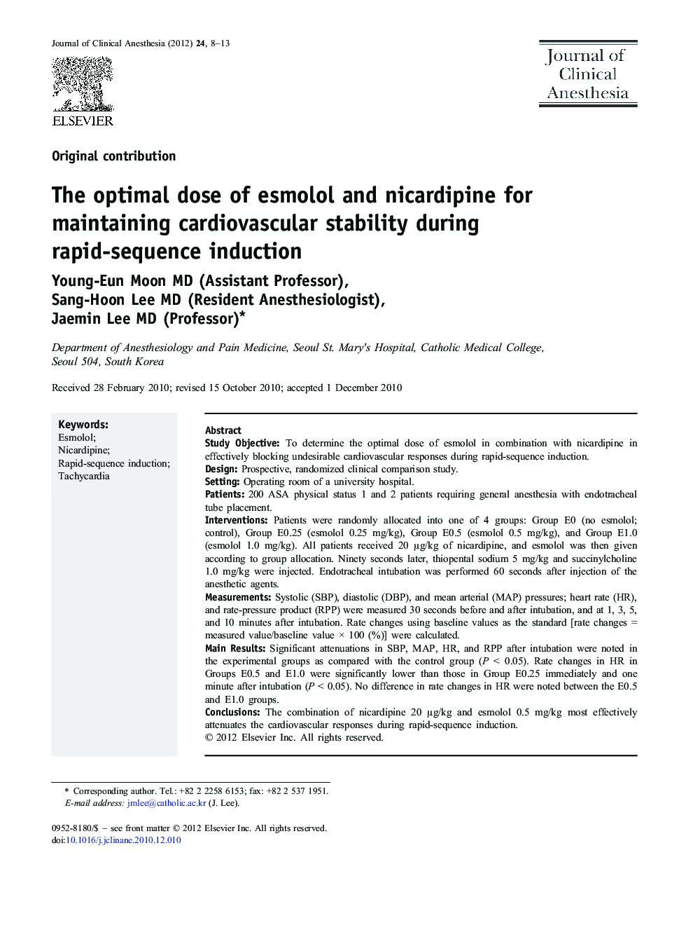 The optimal dose of esmolol and nicardipine for maintaining cardiovascular stability during rapid-sequence induction