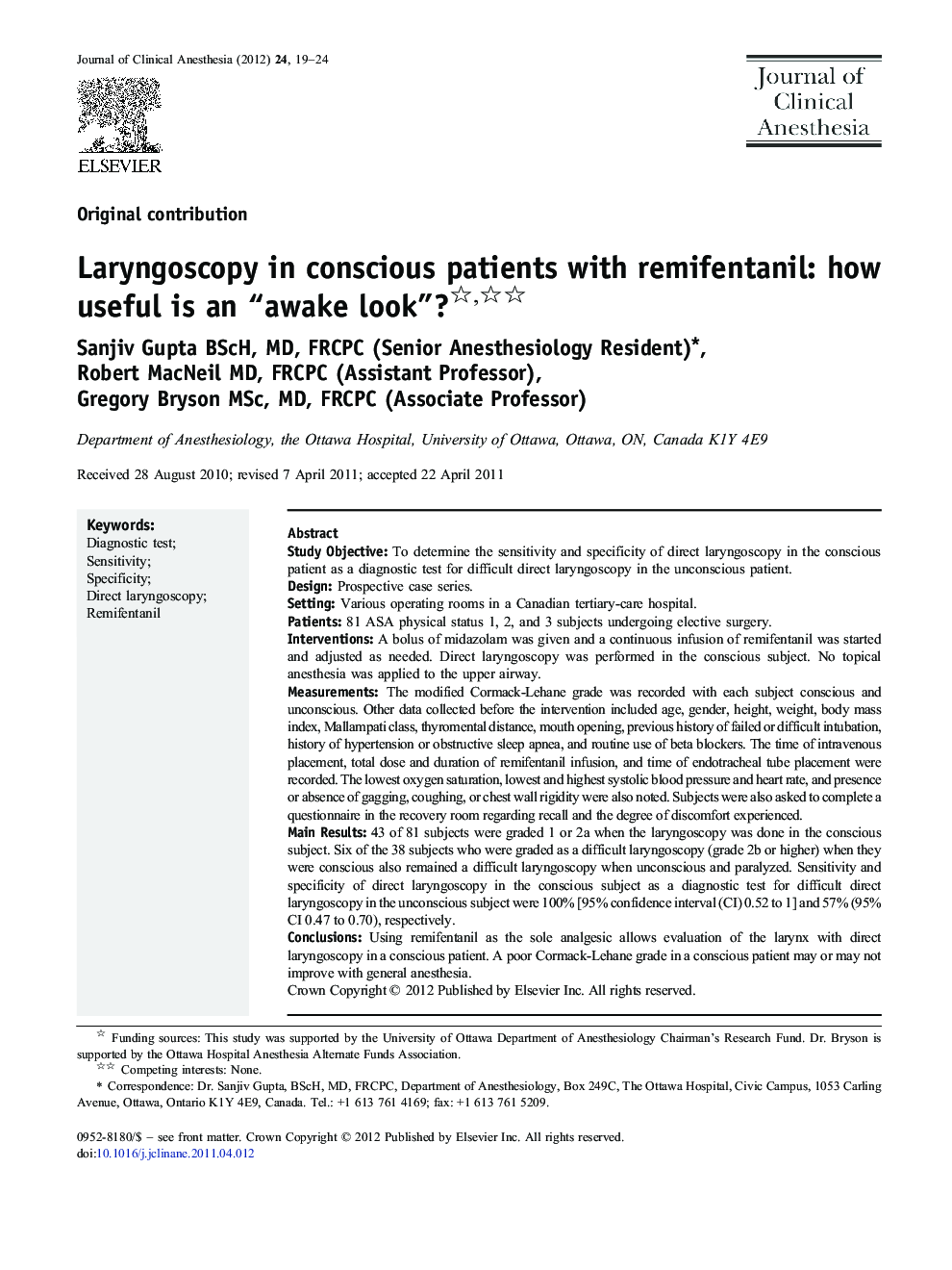 Laryngoscopy in conscious patients with remifentanil: how useful is an “awake look”?