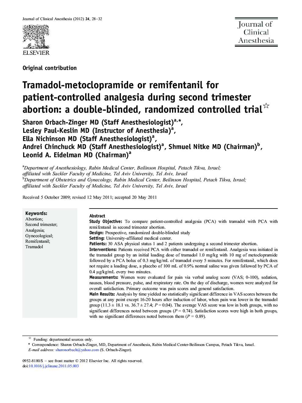 Tramadol-metoclopramide or remifentanil for patient-controlled analgesia during second trimester abortion: a double-blinded, randomized controlled trial 