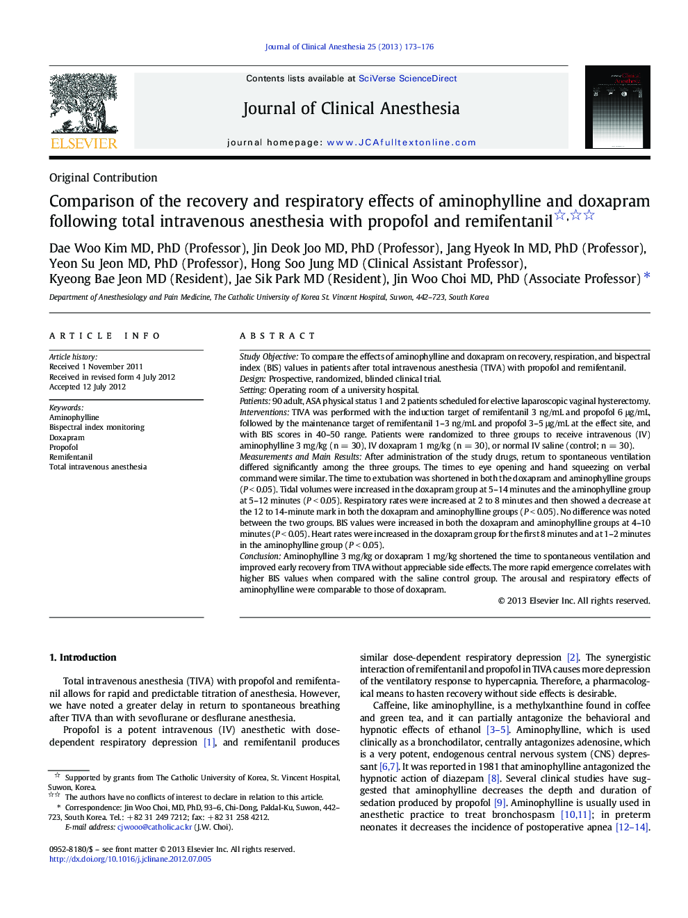 Comparison of the recovery and respiratory effects of aminophylline and doxapram following total intravenous anesthesia with propofol and remifentanil 