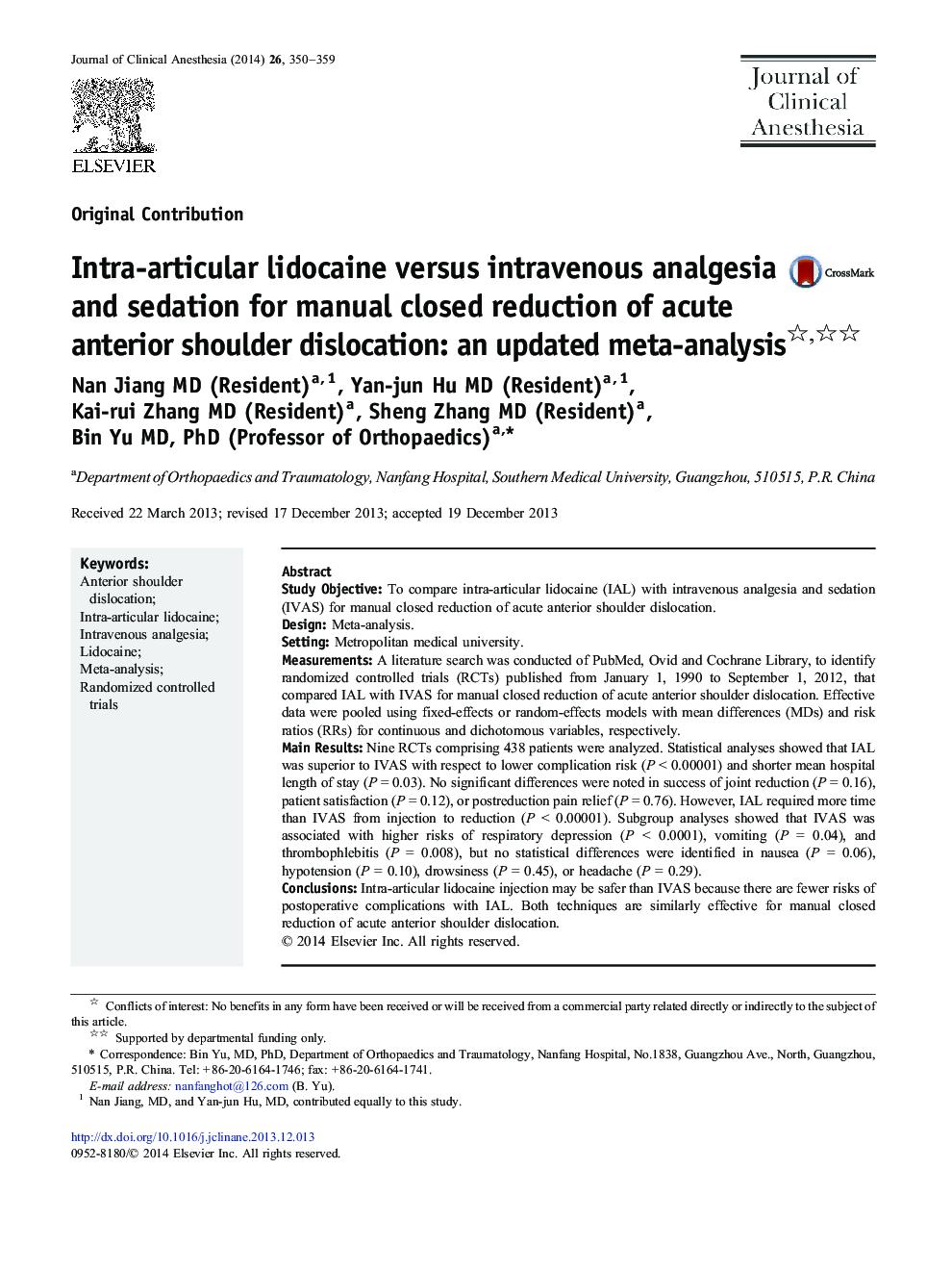 Intra-articular lidocaine versus intravenous analgesia and sedation for manual closed reduction of acute anterior shoulder dislocation: an updated meta-analysis 