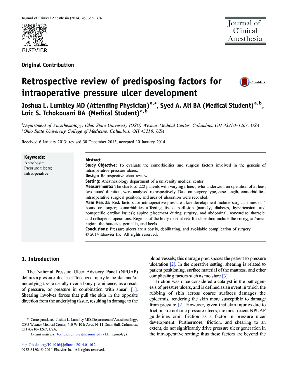 Retrospective review of predisposing factors for intraoperative pressure ulcer development