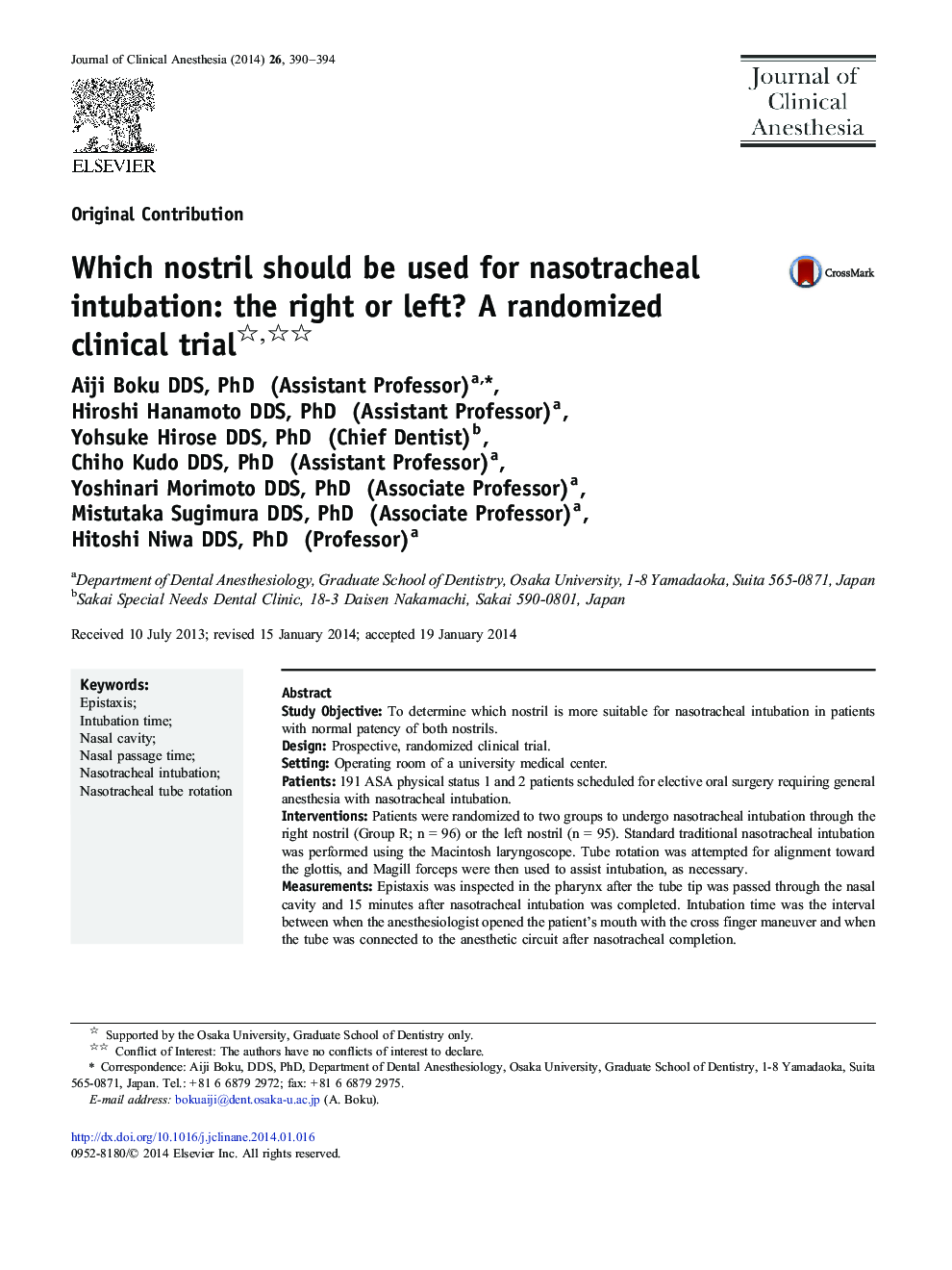Which nostril should be used for nasotracheal intubation: the right or left? A randomized clinical trial 