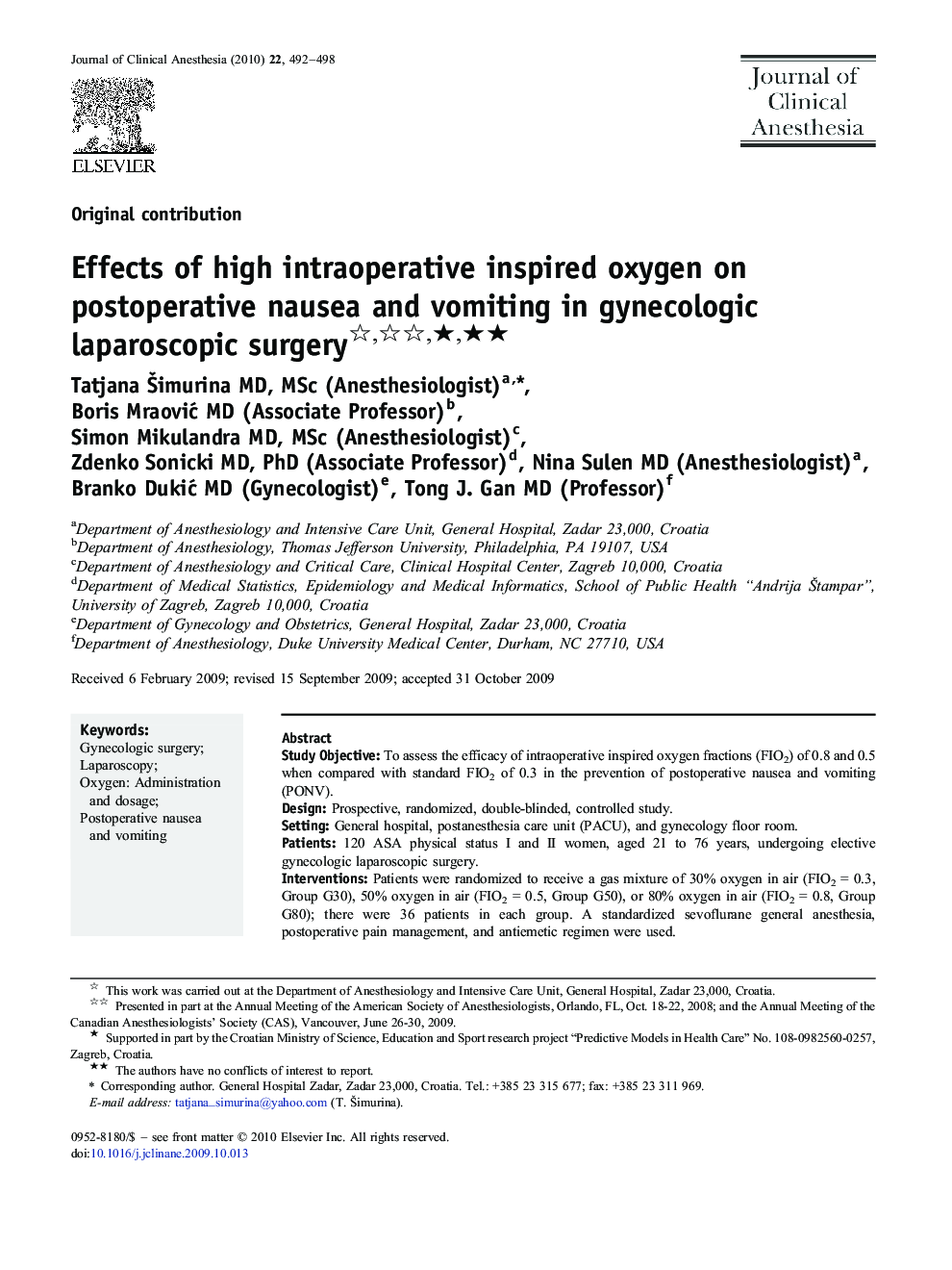 Effects of high intraoperative inspired oxygen on postoperative nausea and vomiting in gynecologic laparoscopic surgery ★★★