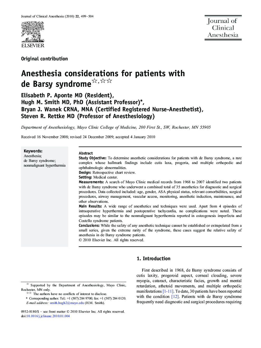 Anesthesia considerations for patients with de Barsy syndrome 