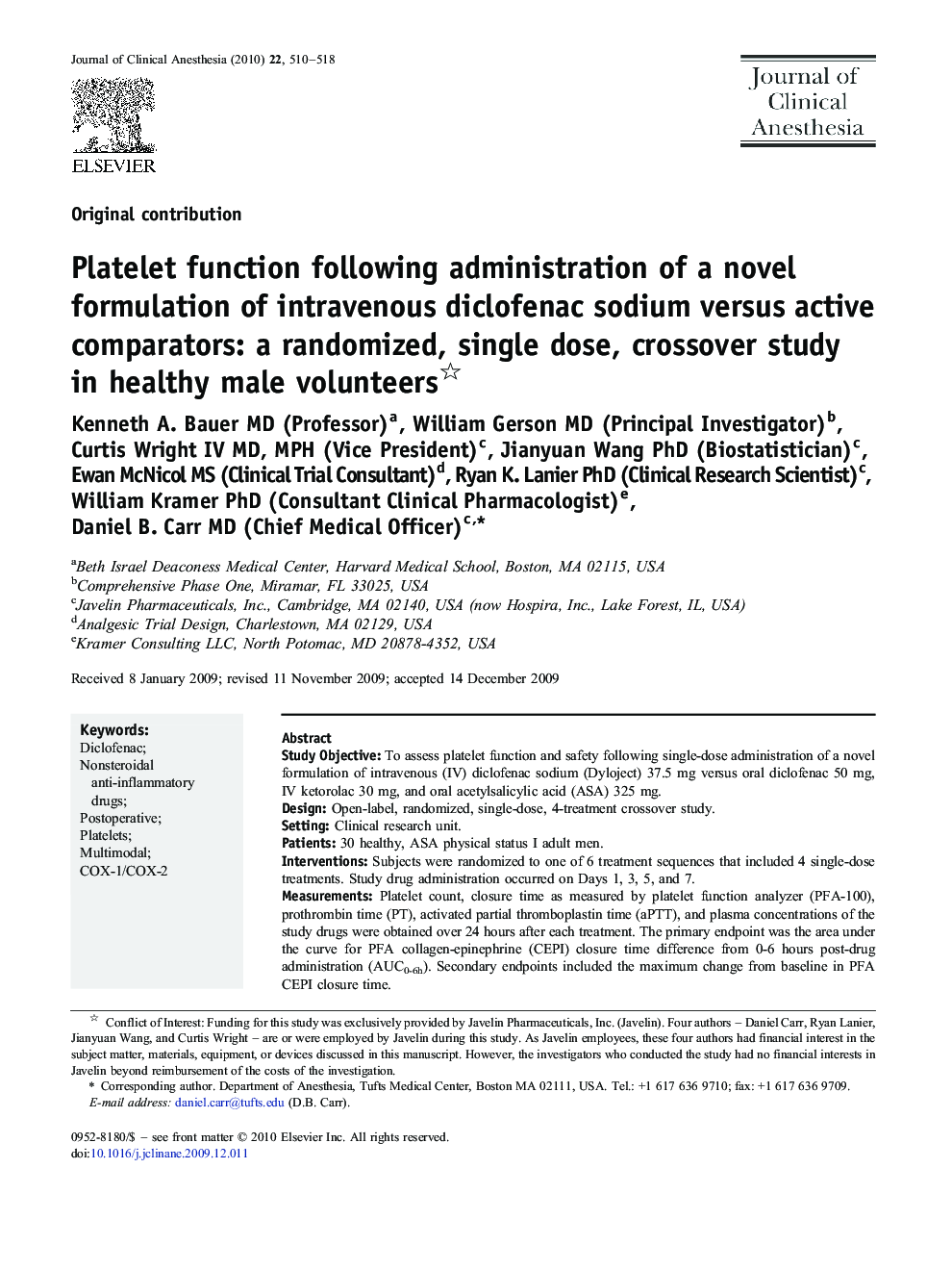 Platelet function following administration of a novel formulation of intravenous diclofenac sodium versus active comparators: a randomized, single dose, crossover study in healthy male volunteers 