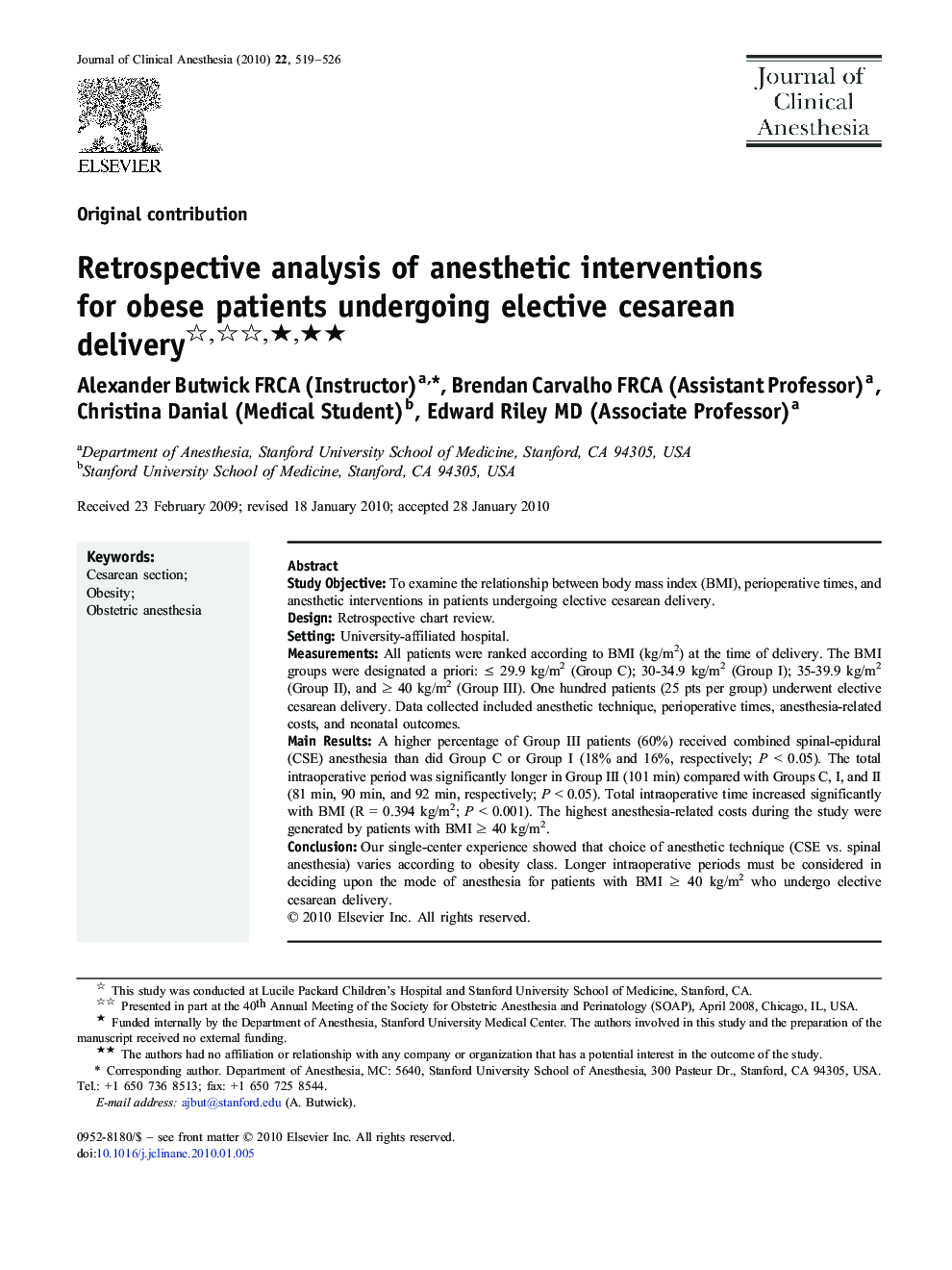 Retrospective analysis of anesthetic interventions for obese patients undergoing elective cesarean delivery ★★★