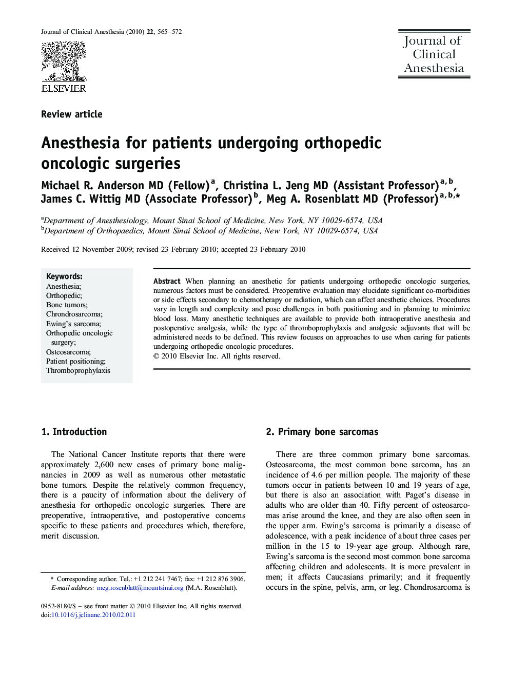 Anesthesia for patients undergoing orthopedic oncologic surgeries