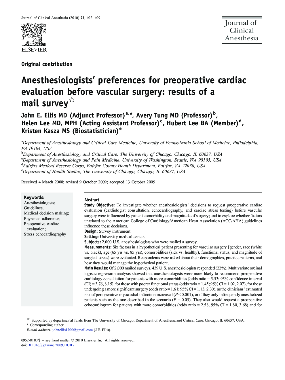 Anesthesiologists’ preferences for preoperative cardiac evaluation before vascular surgery: results of a mail survey 