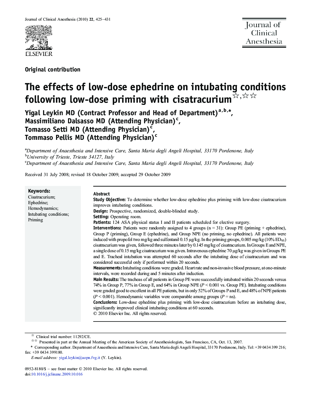 The effects of low-dose ephedrine on intubating conditions following low-dose priming with cisatracurium 
