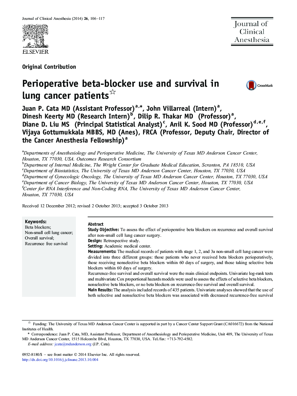 Perioperative beta-blocker use and survival in lung cancer patients 