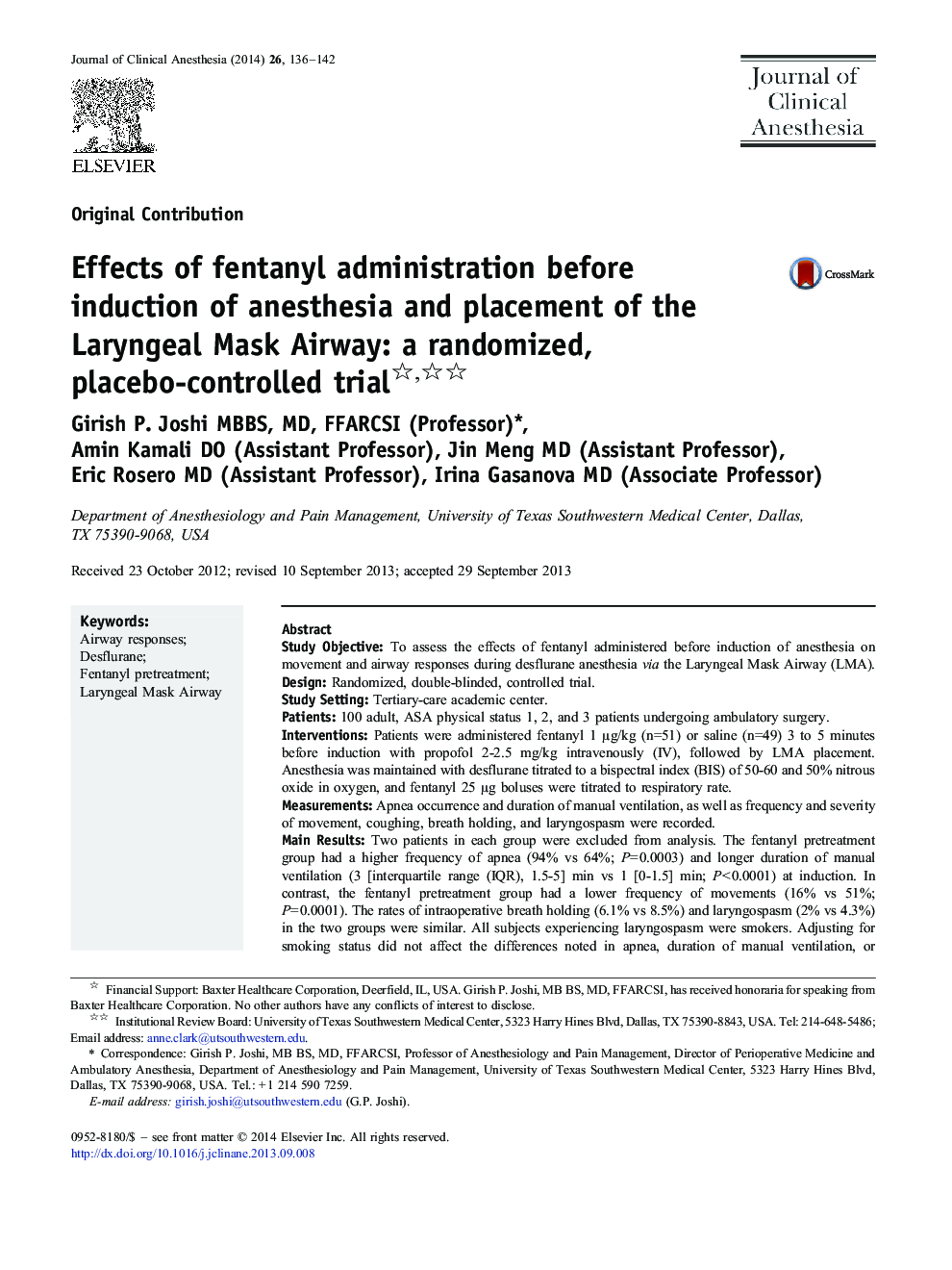 Effects of fentanyl administration before induction of anesthesia and placement of the Laryngeal Mask Airway: a randomized, placebo-controlled trial 
