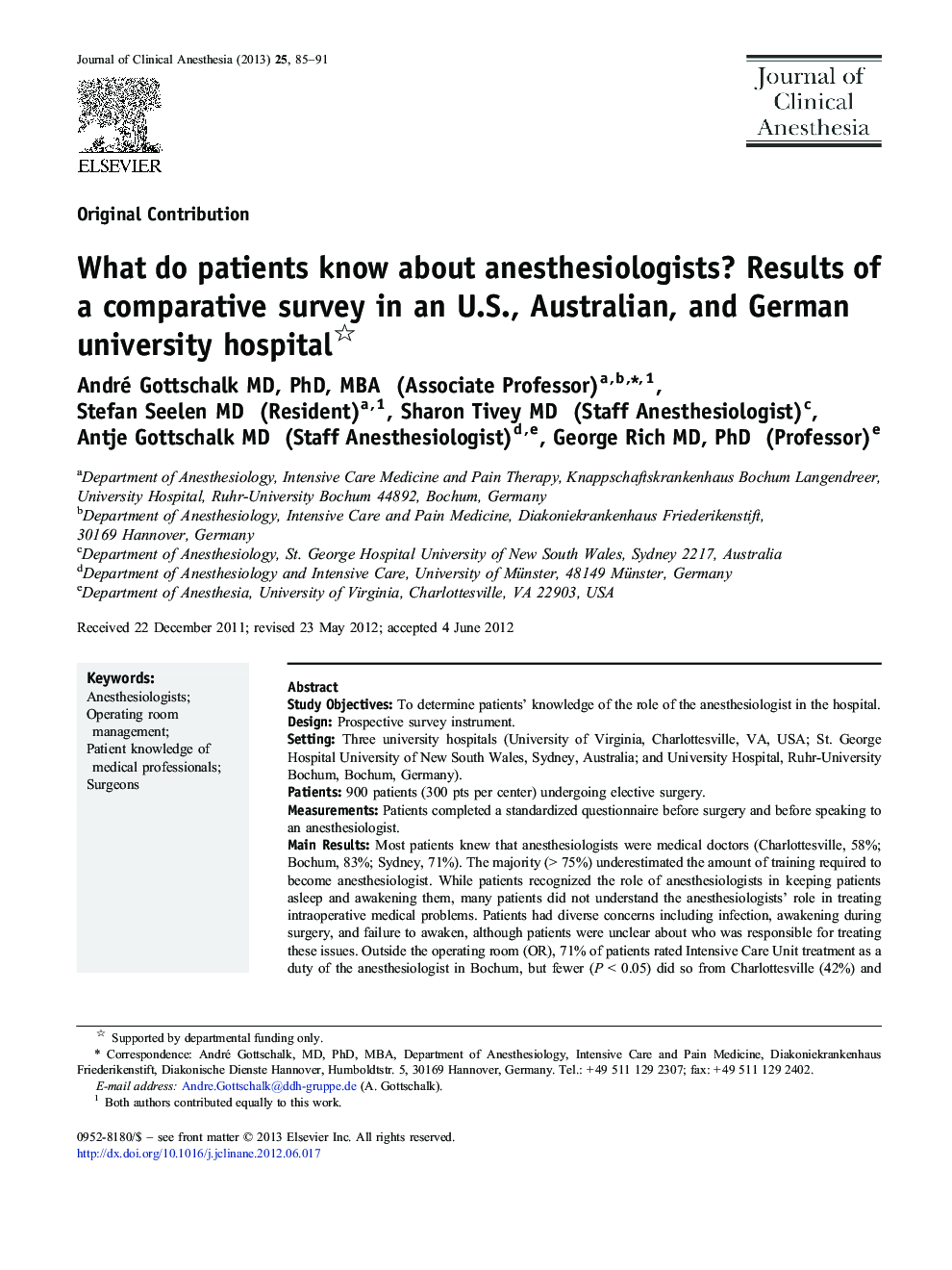 What do patients know about anesthesiologists? Results of a comparative survey in an U.S., Australian, and German university hospital
