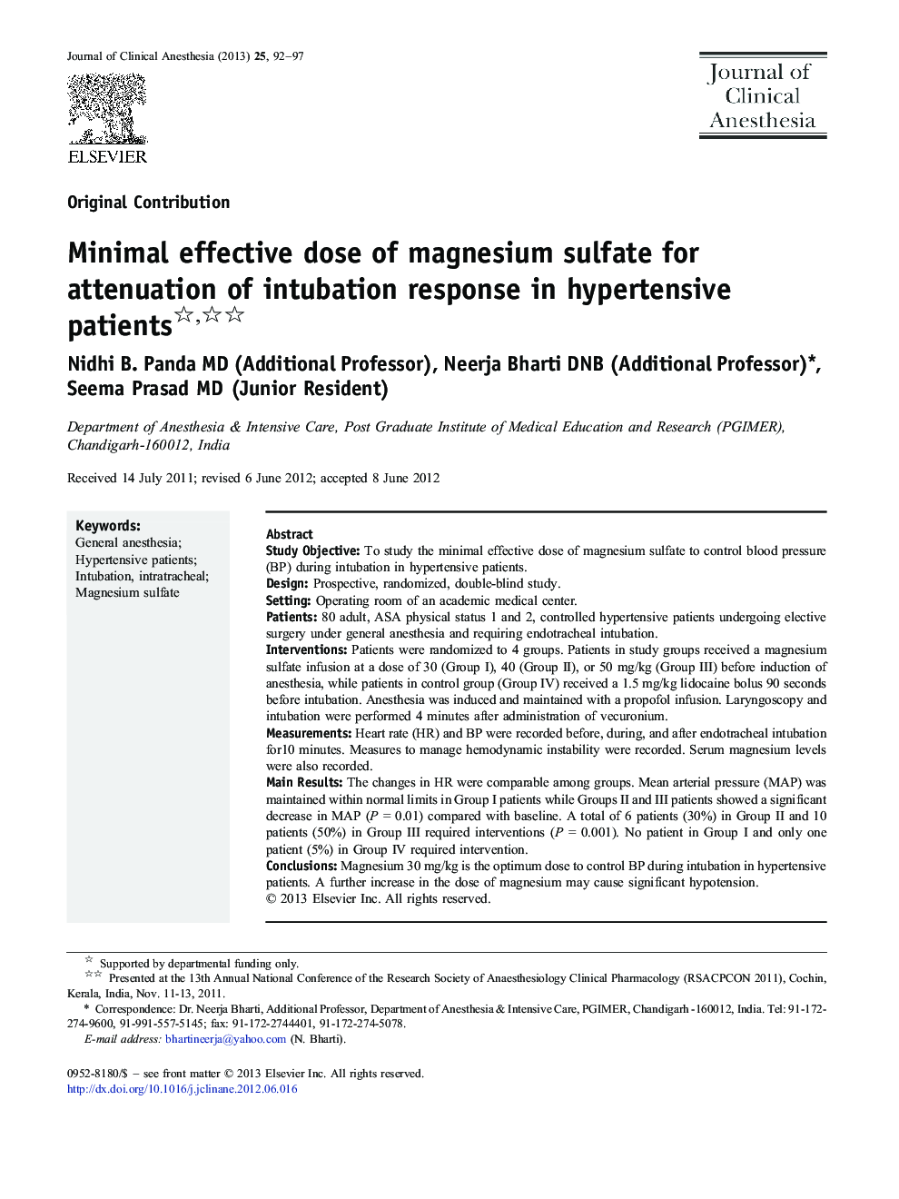 Minimal effective dose of magnesium sulfate for attenuation of intubation response in hypertensive patients 