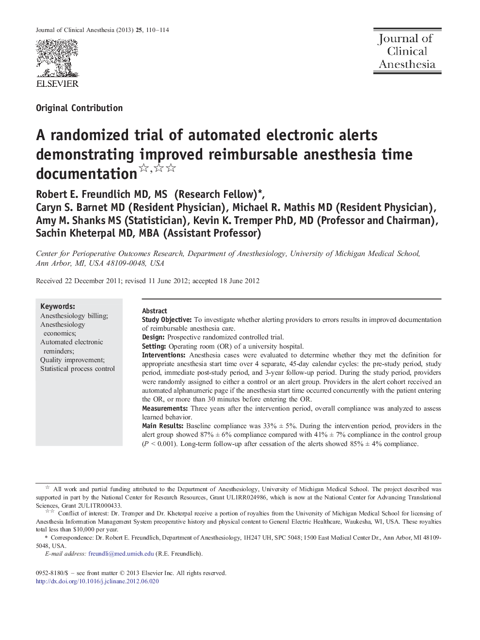 A randomized trial of automated electronic alerts demonstrating improved reimbursable anesthesia time documentation 